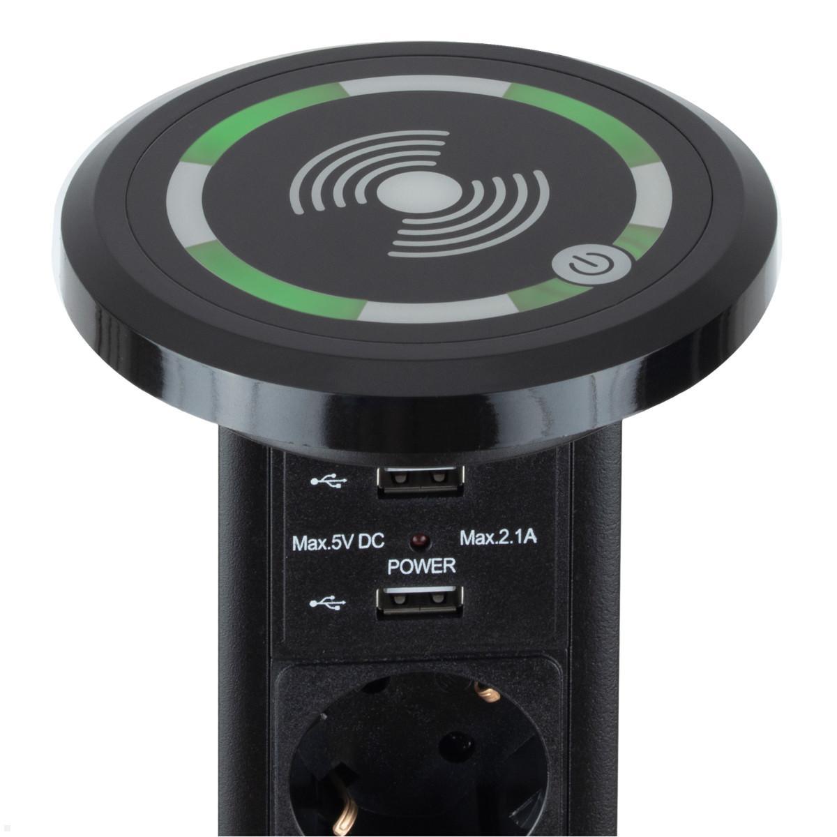 TecLines TVS006B versenkbare 3-fach Steckdosenleiste mit 2x USB, Qi, schwarz - Qi Ladegerät