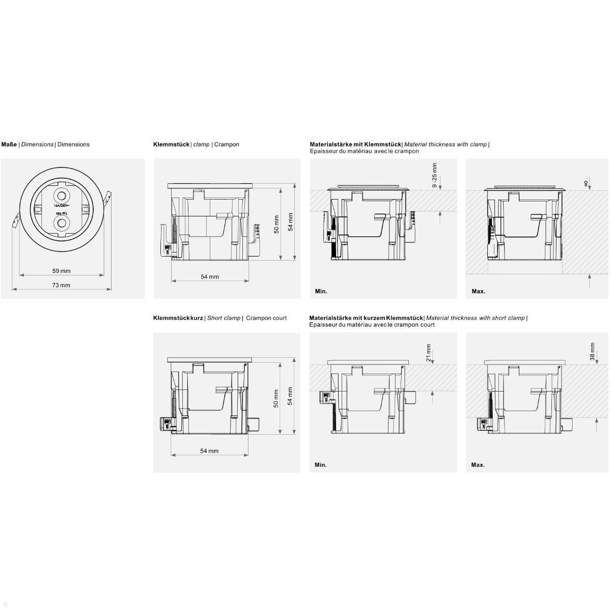 EVOline One USB-Charger A/C mit Deckel weiß, Edelstahleinleger, Zeichnung Maße