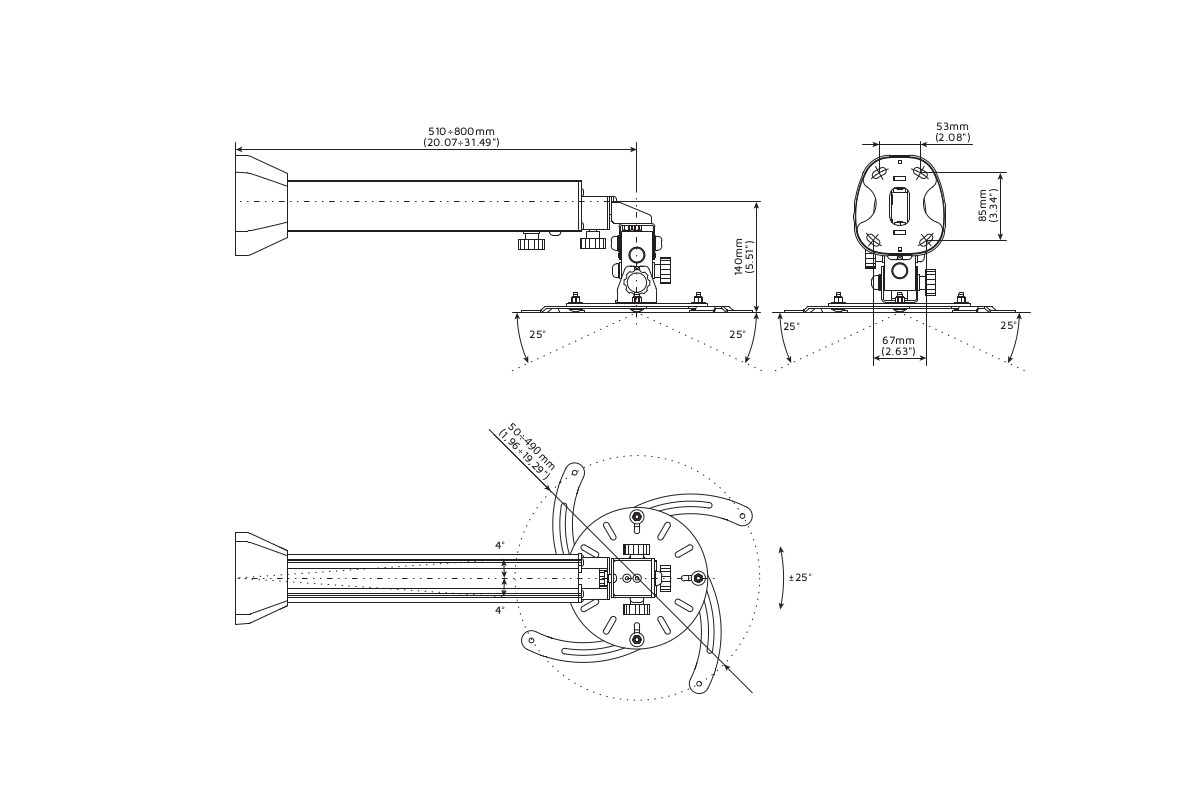 Edbak WMPV200 Beamer Wandhalterung 800-1300mm, schwarz technische Zeichnung