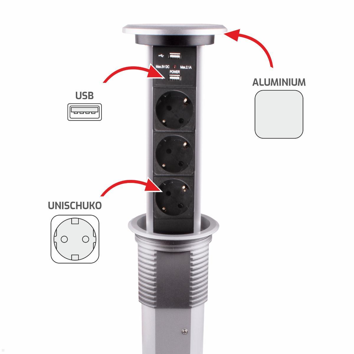 TecLines TVS006B versenkbare 3-fach Steckdosenleiste mit 2x USB, Qi, schwarz - Features