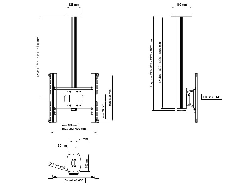 SMS Flatscreen CM ST 1800 Monitor Deckenhalterung Maße