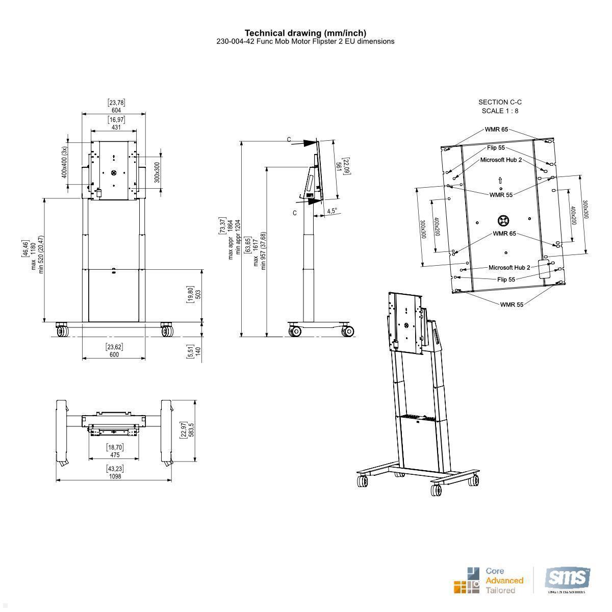 SMS Func Mobile Flipster 2 elektrischer Monitorständer bis 65 Zoll, drehbar, schwarz (230-004-12) technische Zeichnung