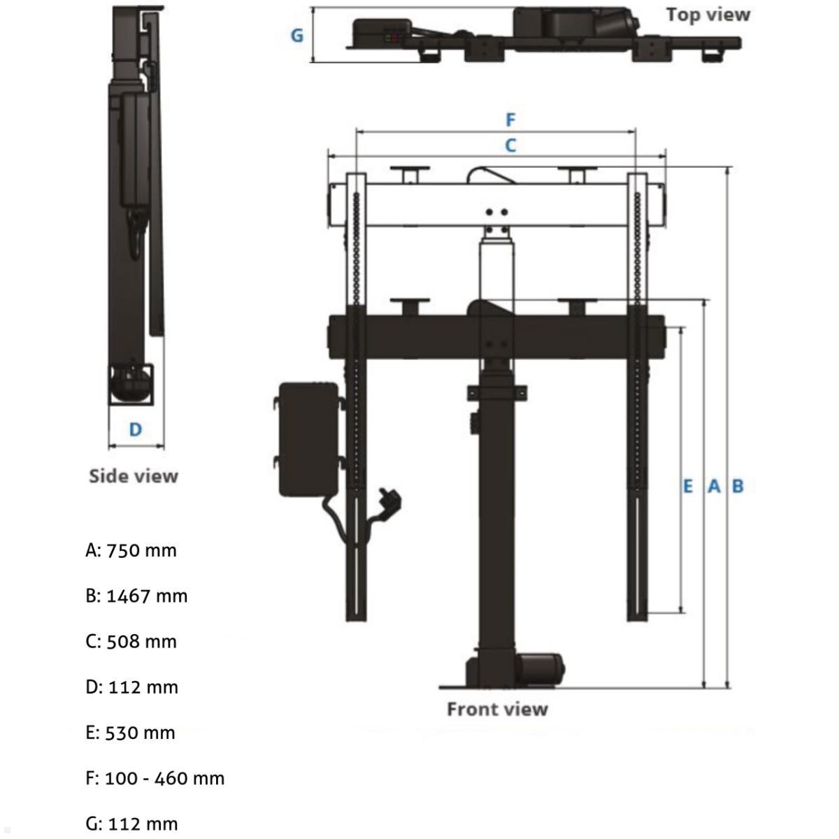 MonLines MLS017B TV Lift bis 50 Zoll, drehbar 90L / 225R, automatische Klappe, technische Zeichnung