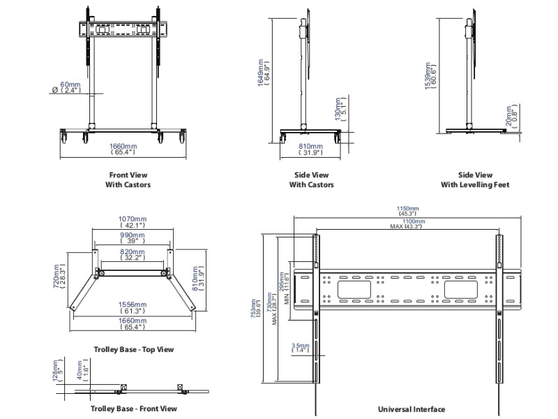 B-Tech BT8506 Heavy Duty Trolley / Monitorständer ab 65" Maße