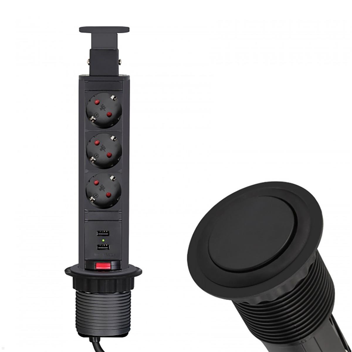 TecLines TVS009B versenkbare 3-fach Steckdosenleiste mit 2x USB, schwarz -  manuell ausziehbar