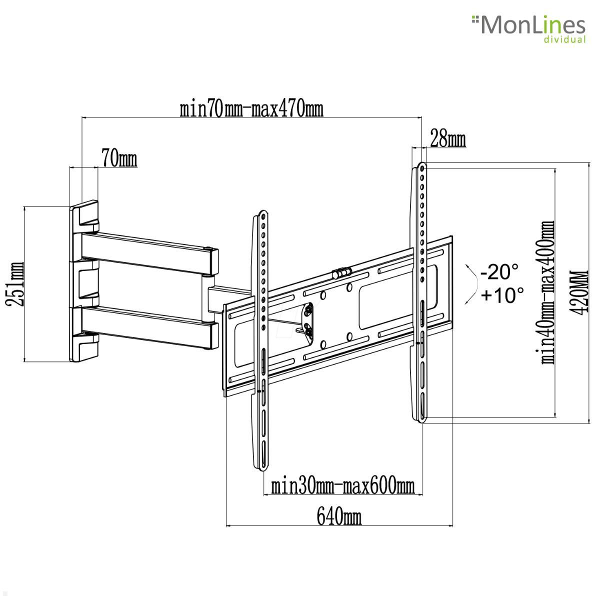 MonLines MWH021B schwenkbare TV Wandhalterung 37 bis 75 Zoll, schwarz technische Zeichnung