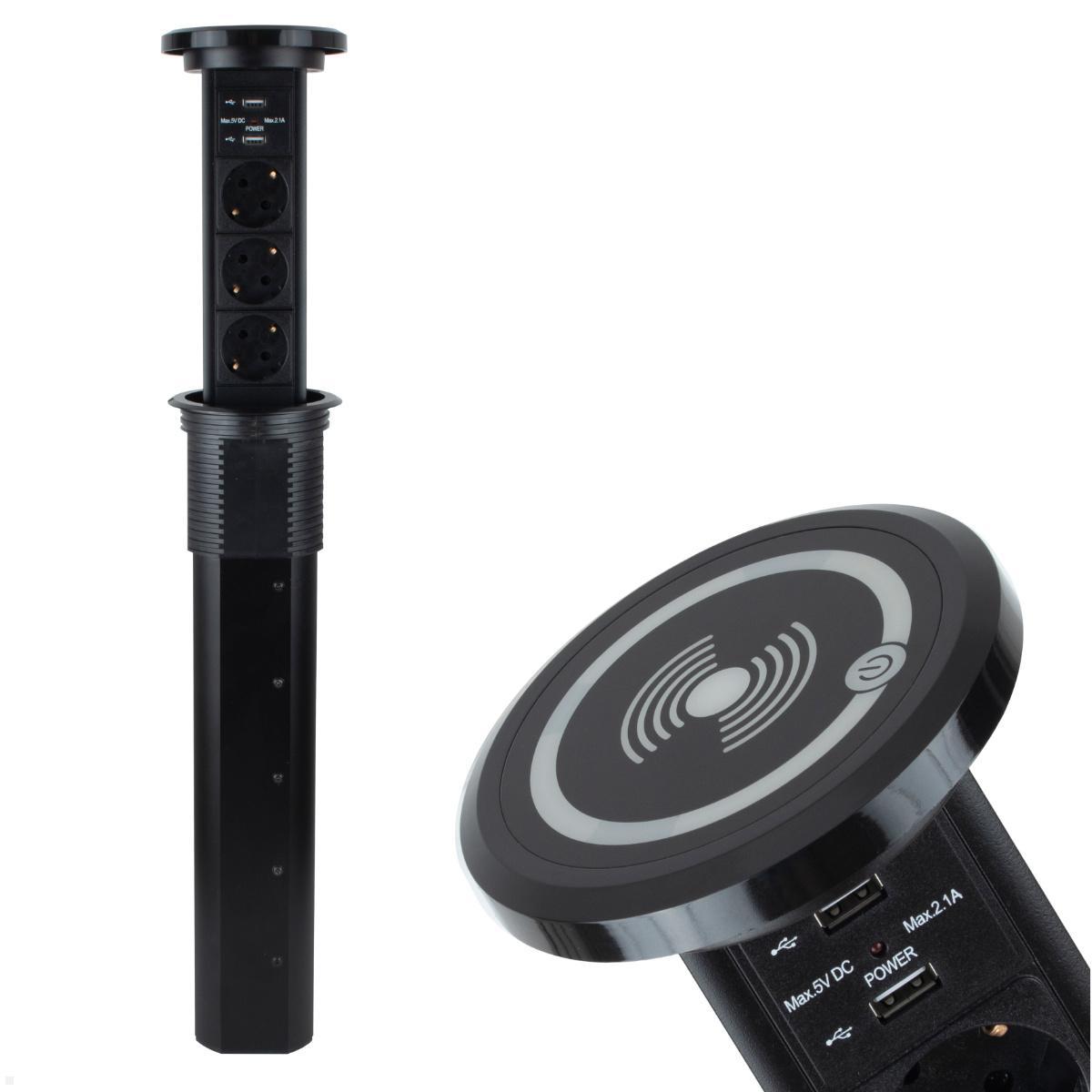 TecLines TVS006B versenkbare 3-fach Steckdosenleiste mit 2x USB, Qi, schwarz - front