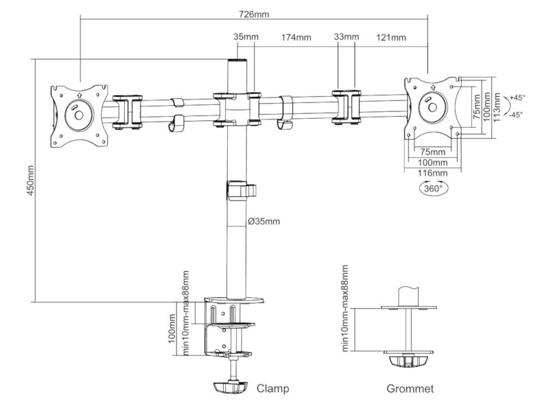 NewStar NM-D135D NeoMounts Dual-Monitor Tischhalter schwenkbar 10-27Zoll, weiß Maße