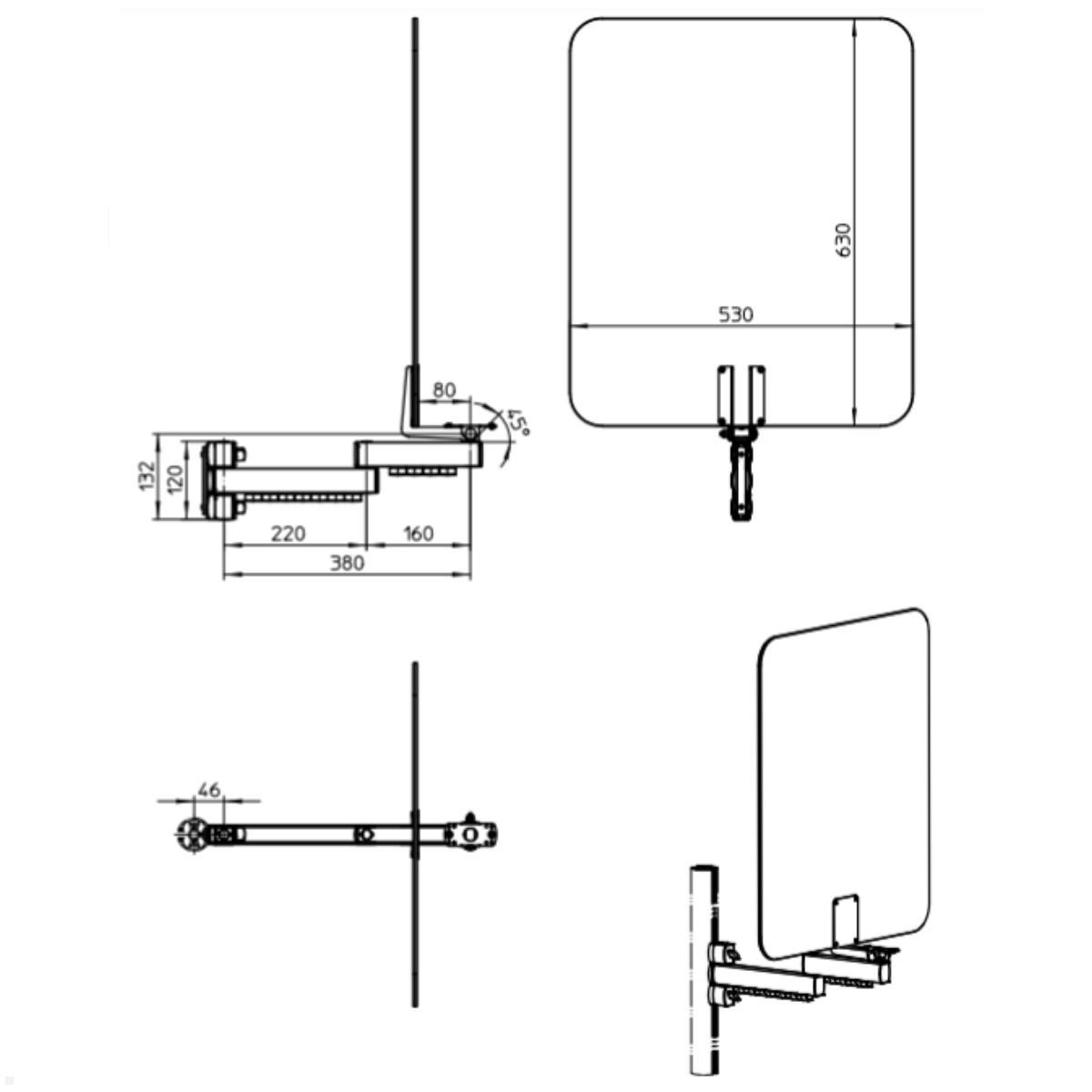 POS Tragarm mit Schutzscheibe (853+4539+002), silber, Technische Zeichnung